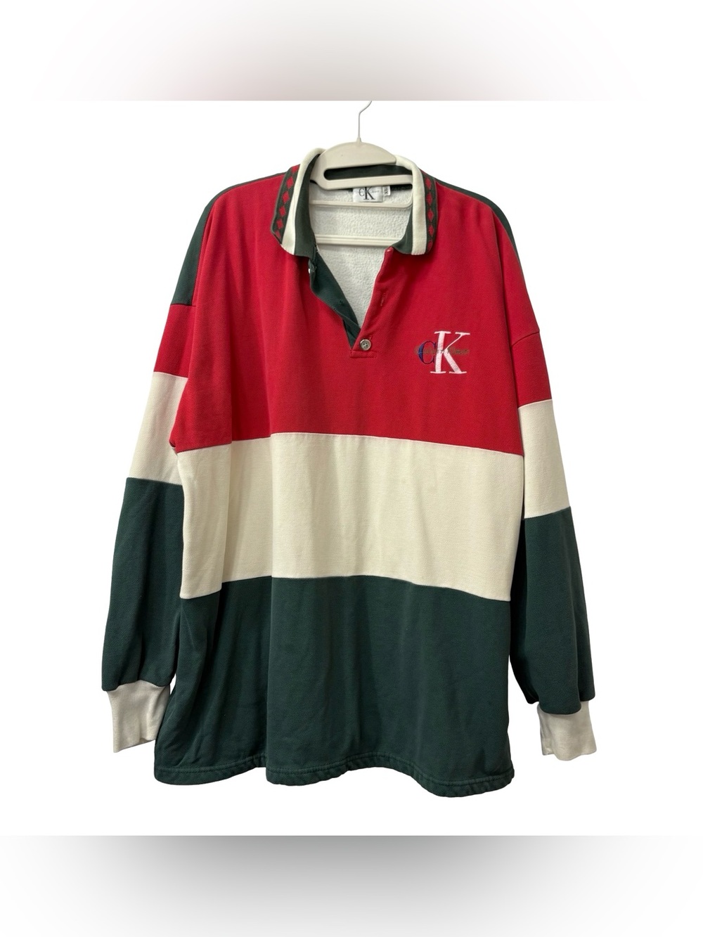 VTG Calvin Klein color-blocked long sleeve rugby polo shirt red white green XL